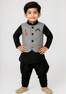 Black Embroidered Blended Kurta Set For Boys