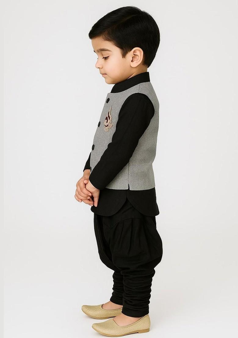Black Embroidered Blended Kurta Set For Boys - Indya