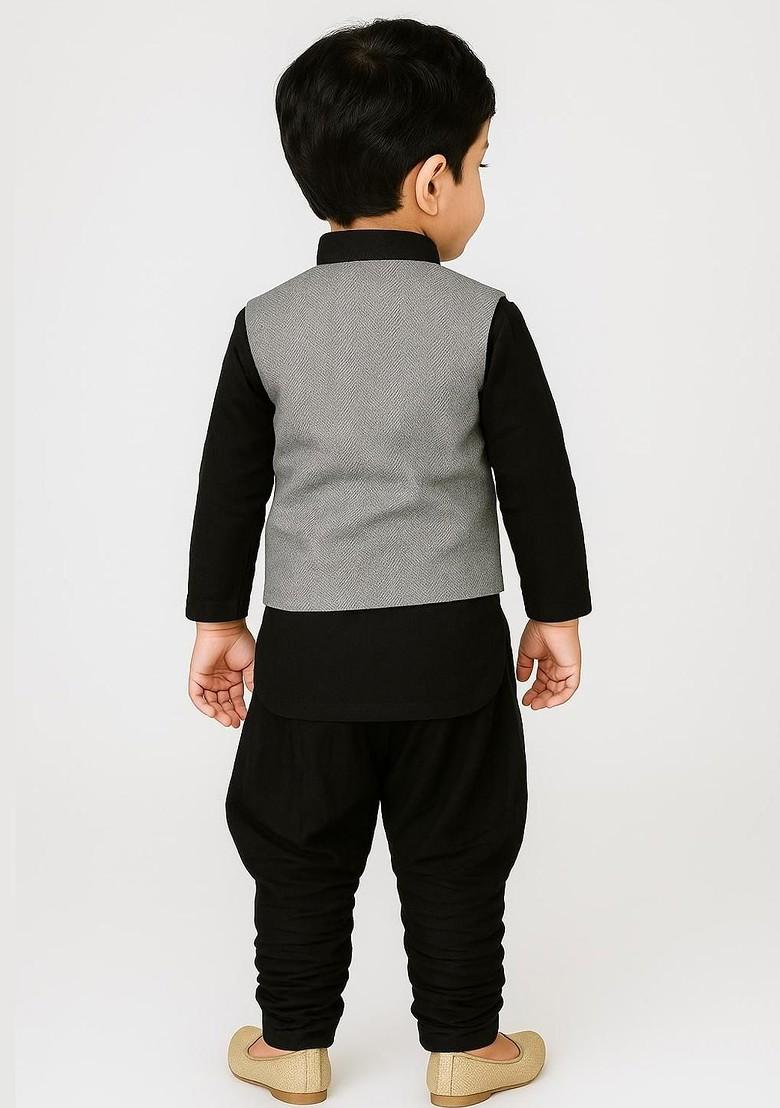 Black Embroidered Blended Kurta Set For Boys - Indya