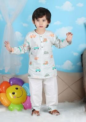 White Printed Cotton Kurta Set For Boys