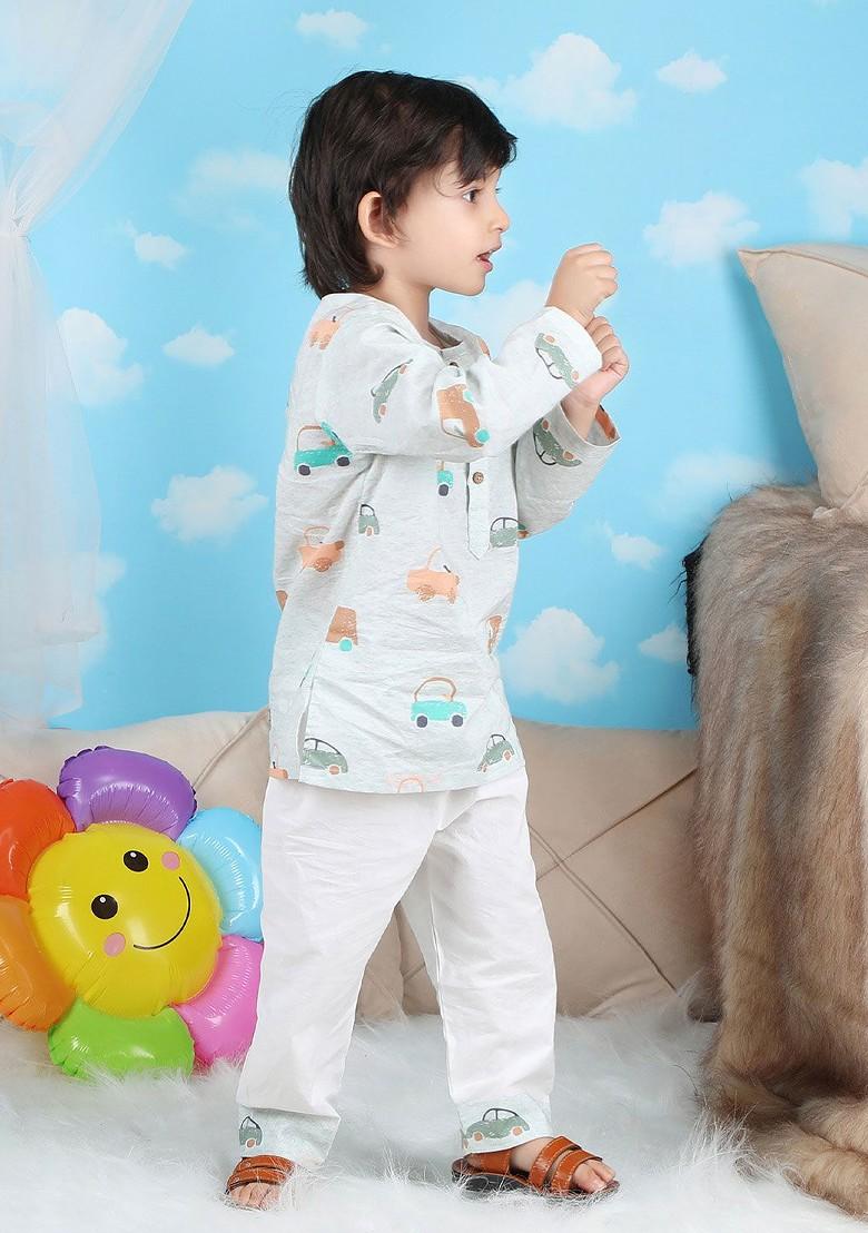 White Printed Cotton Kurta Set For Boys - Indya
