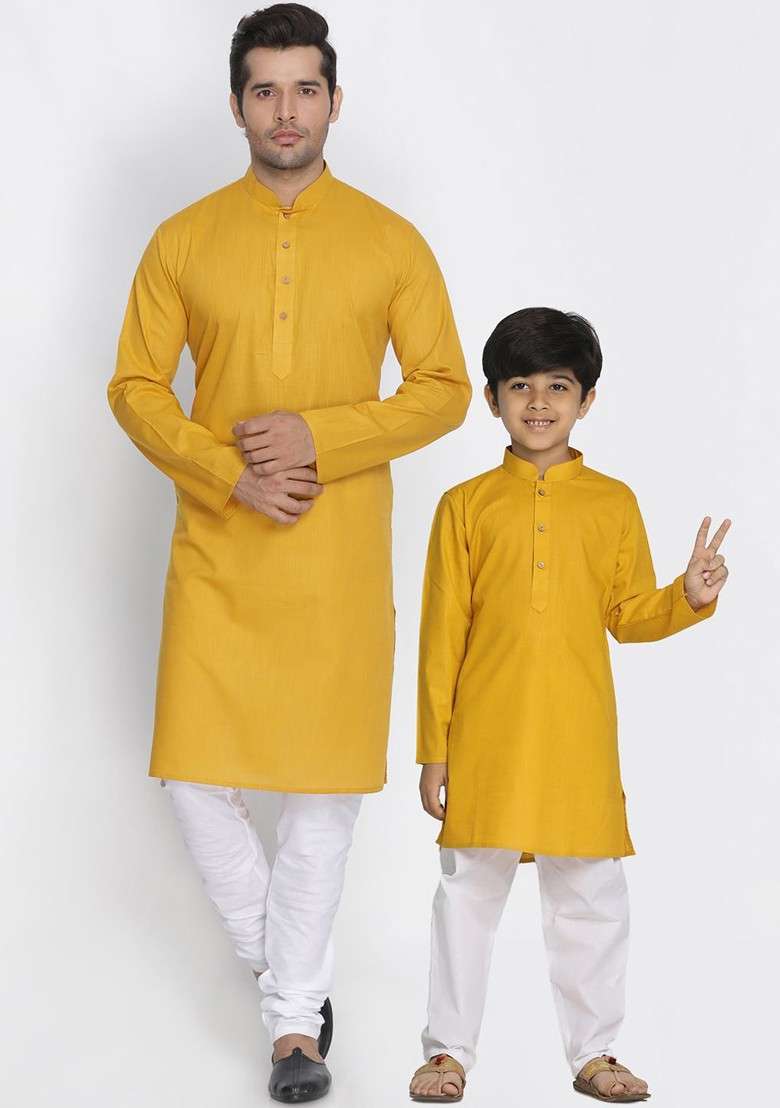 Mustard Solid Blended Kurta Set For Boys - Indya