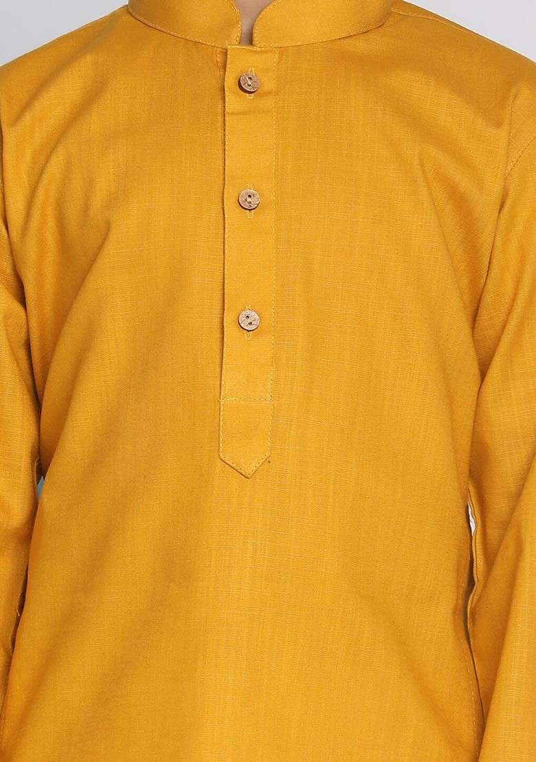 Mustard Solid Blended Kurta Set For Boys - Indya