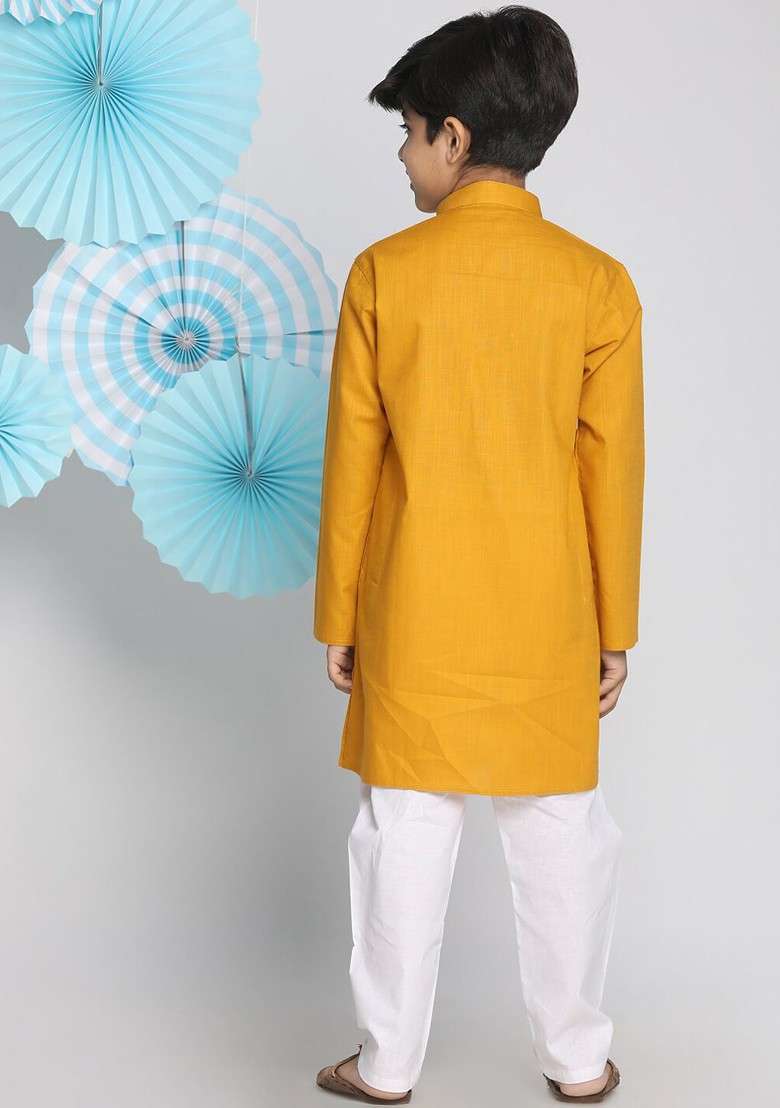 Mustard Solid Blended Kurta Set For Boys - Indya