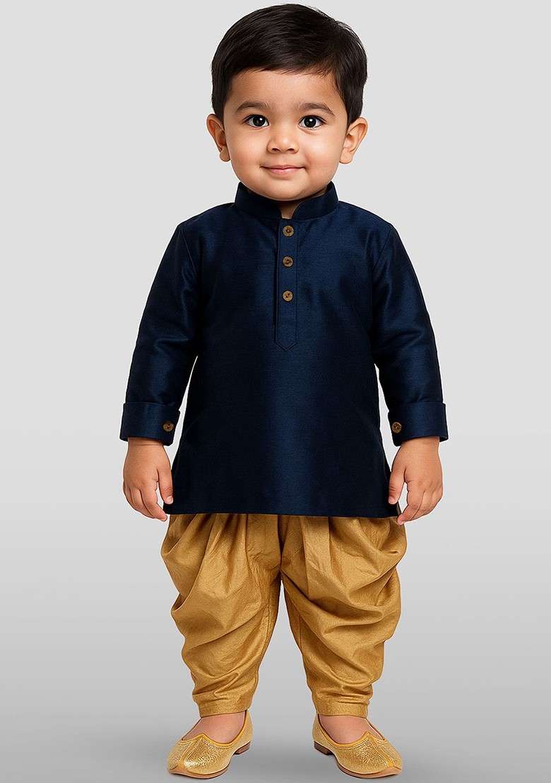 Navy Blue Embroidered Blended Kurta Dhoti Set For Boys - Indya