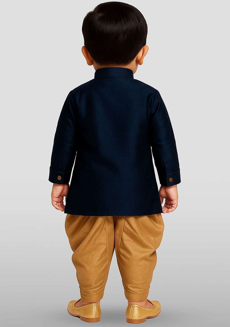 Navy Blue Embroidered Blended Kurta Dhoti Set For Boys - Indya