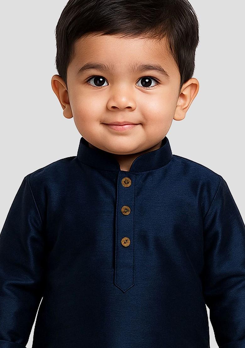 Navy Blue Embroidered Blended Kurta Dhoti Set For Boys - Indya