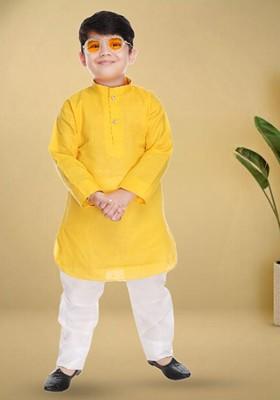 Yellow Embroidered Cotton Kurta Set For Boys