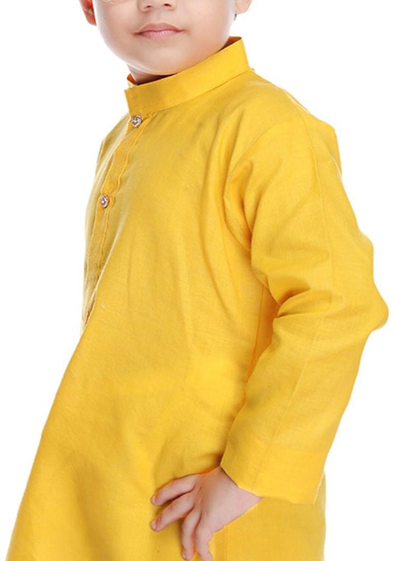 Yellow Embroidered Cotton Kurta Set For Boys - Indya