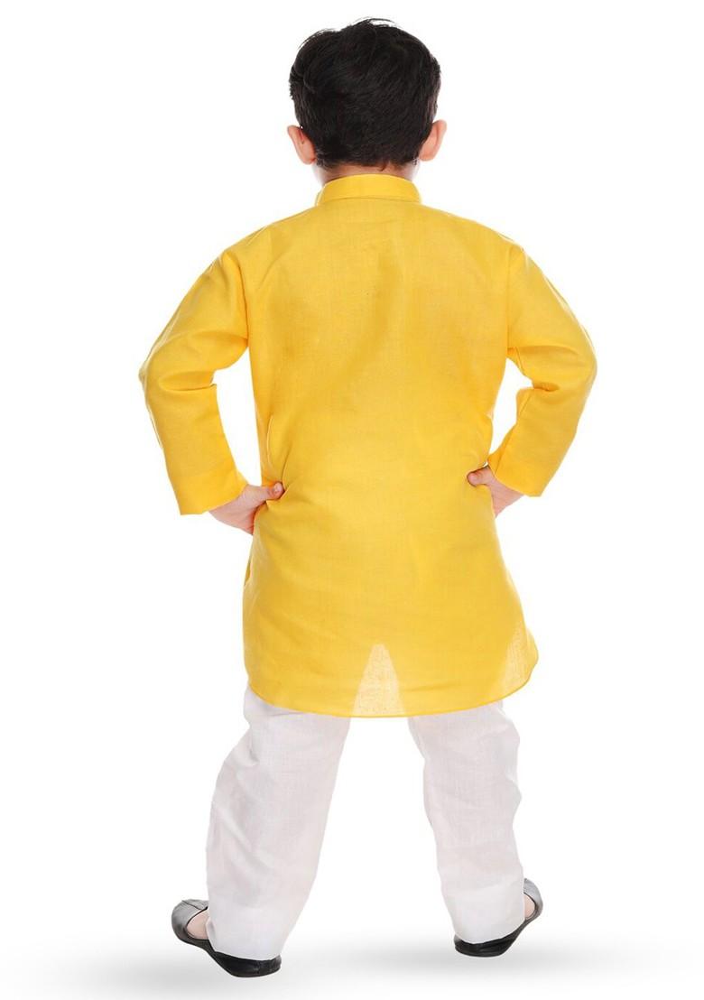Yellow Embroidered Cotton Kurta Set For Boys - Indya