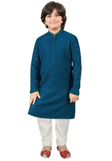 Blue Sequinned Blended Kurta Set For Boys — view on Indya