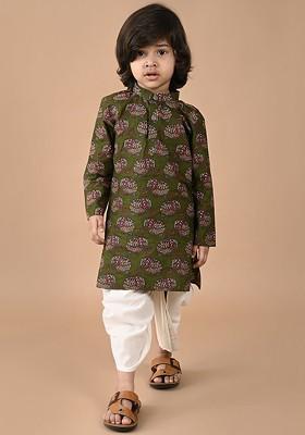 Green Printed Cotton Kurta Dhoti Set For Boys