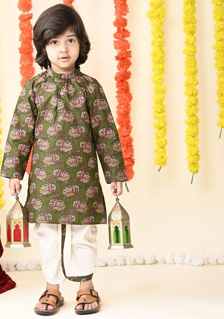 Green Printed Cotton Kurta Dhoti Set For Boys - Indya