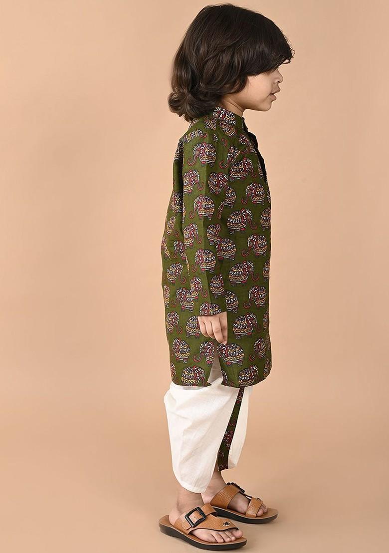 Green Printed Cotton Kurta Dhoti Set For Boys - Indya