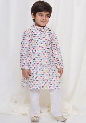 White Printed Cotton Kurta Set For Boys