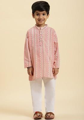 Peach Printed Cotton Kurta Set For Boys