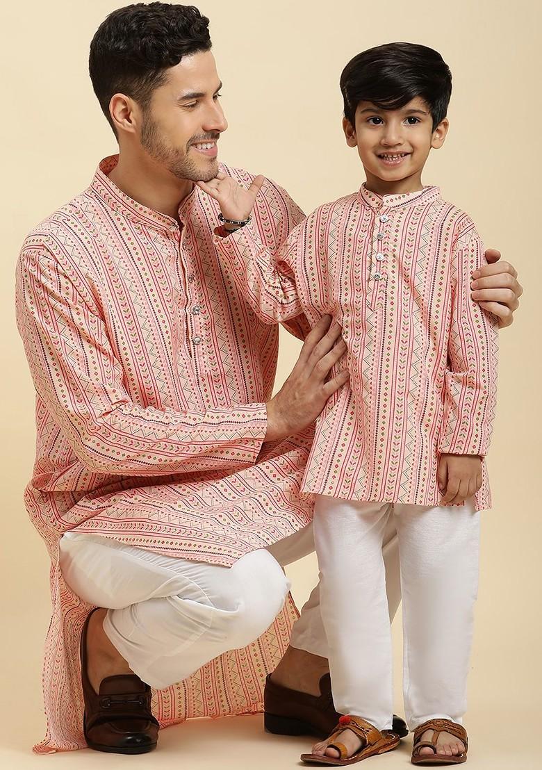 Peach Printed Cotton Kurta Set For Boys - Indya