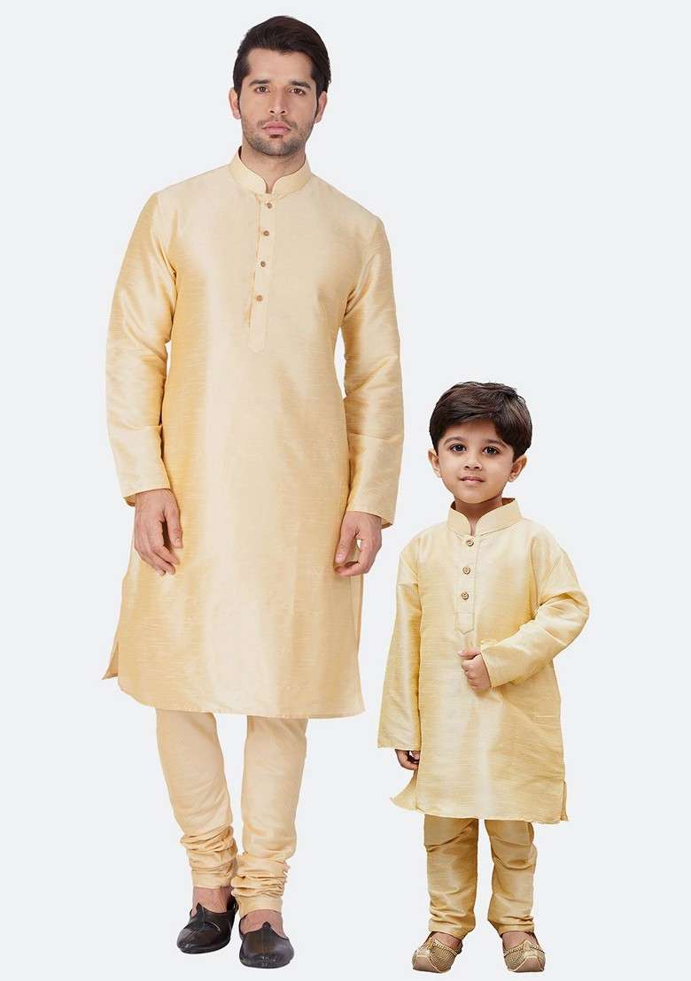 Gold Embroidered Silk Kurta Set For Boys - Indya