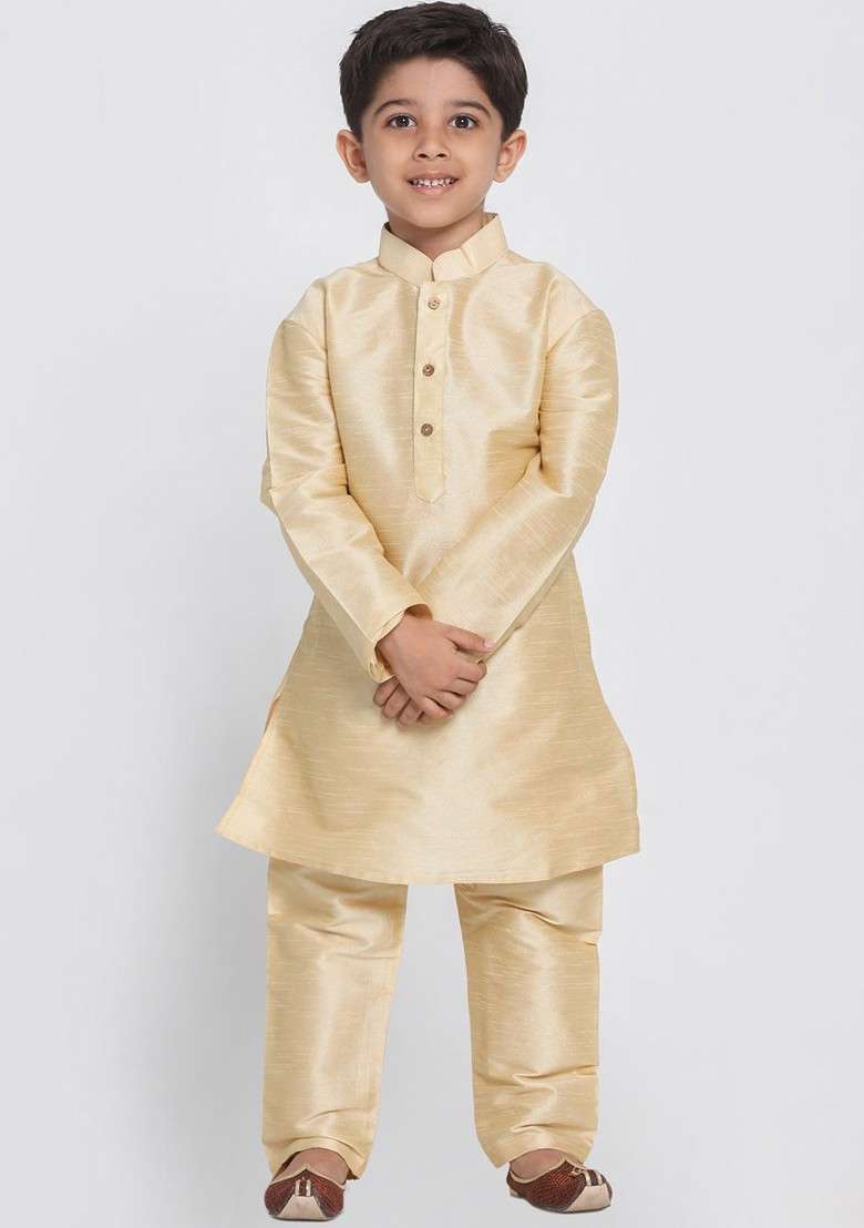 Gold Embroidered Silk Kurta Set For Boys - Indya