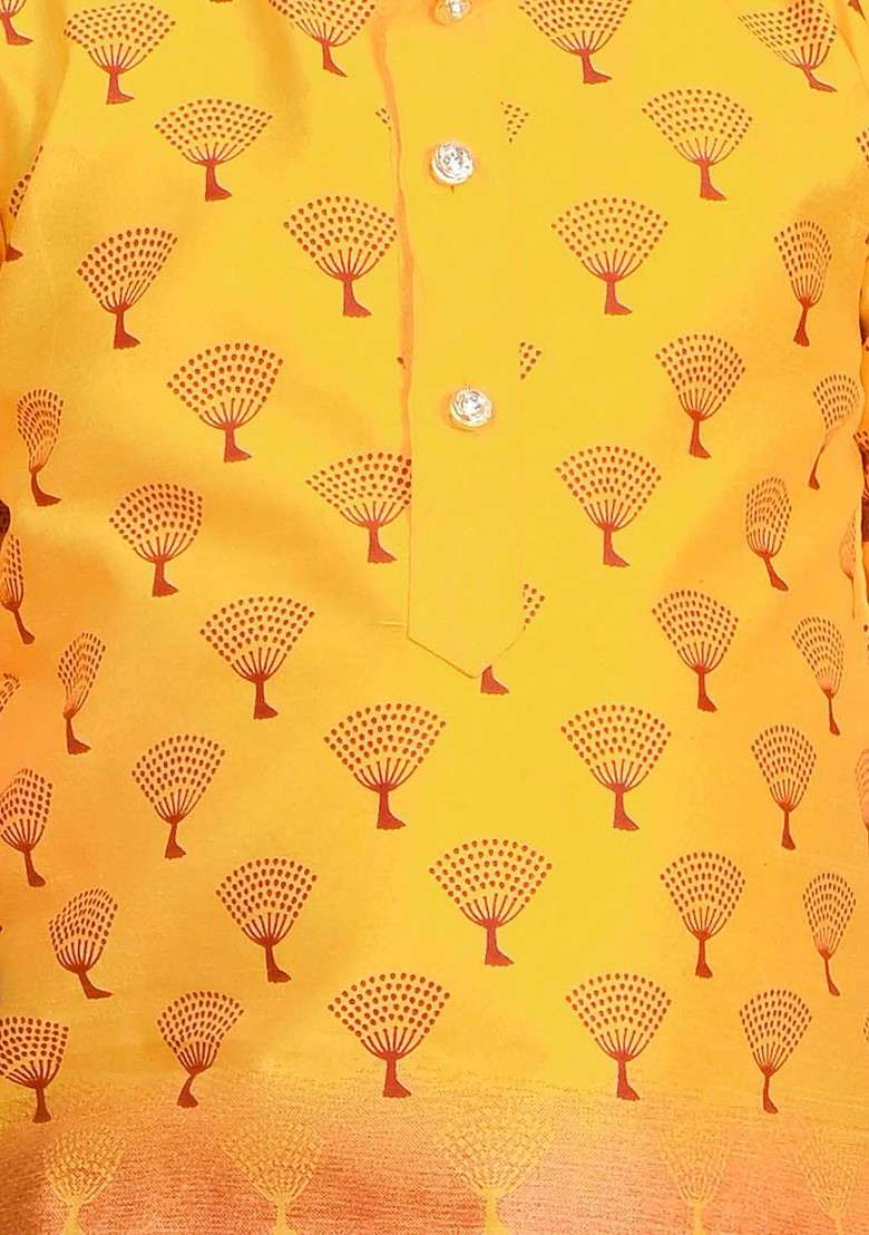 Yellow Printed Silk Kurta Set For Boys - Indya