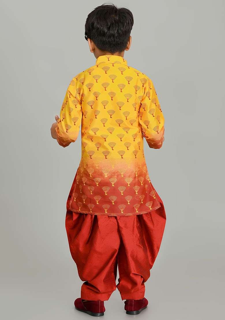 Yellow Printed Silk Kurta Set For Boys - Indya