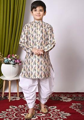 White Sequinned Silk Kurta Set For Boys
