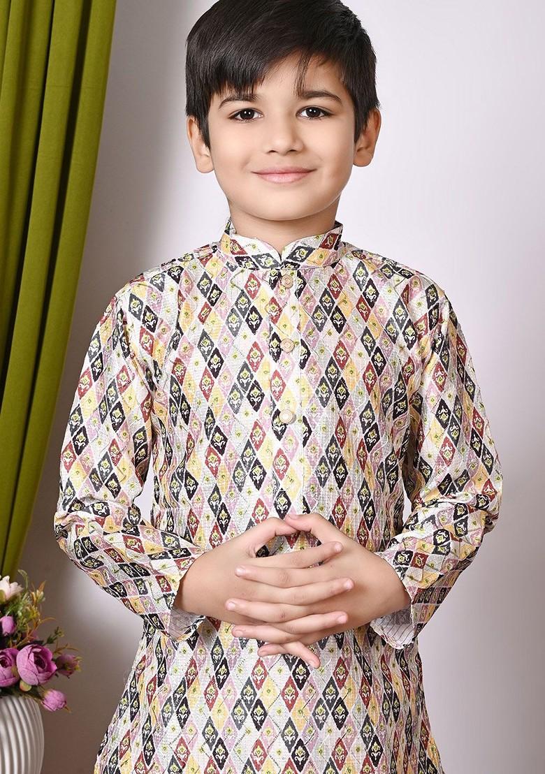 White Sequinned Silk Kurta Set For Boys - Indya