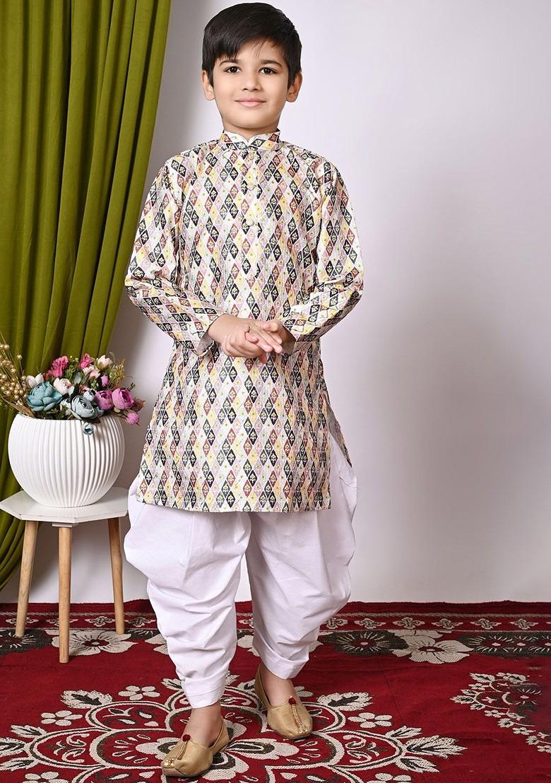 White Sequinned Silk Kurta Set For Boys - Indya