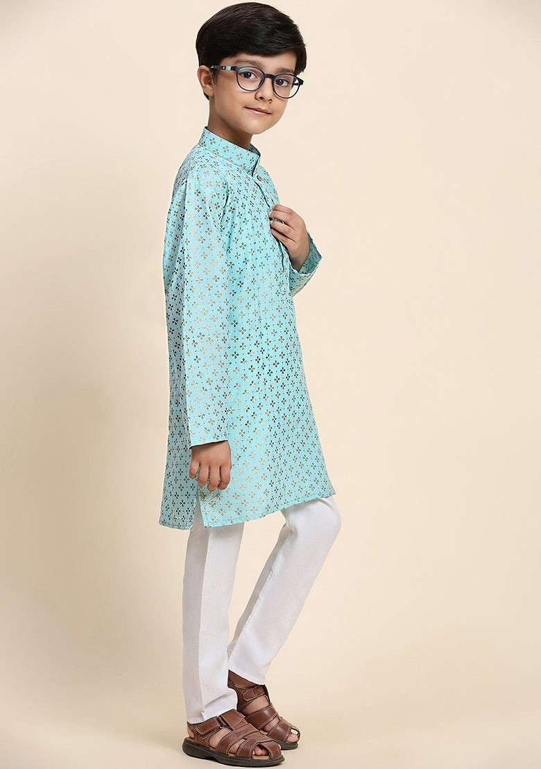 Turquoise Blue Woven Design Cotton Kurta Set For Boys - Indya