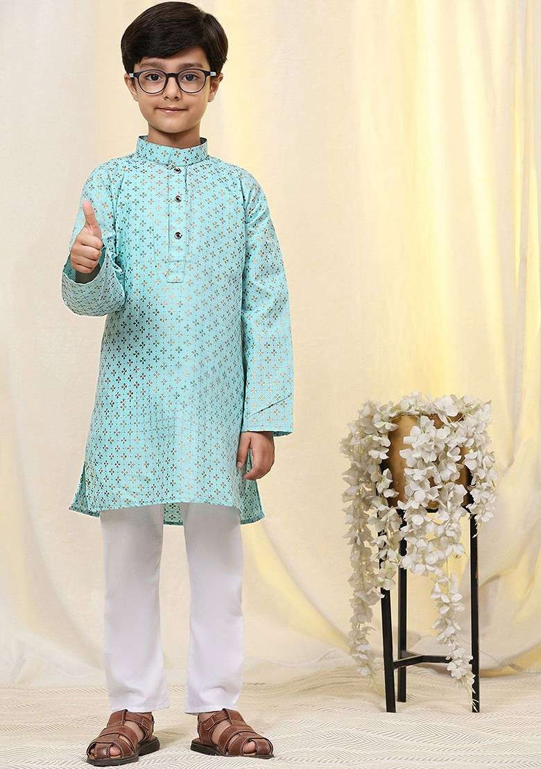Turquoise Blue Woven Design Cotton Kurta Set For Boys - Indya