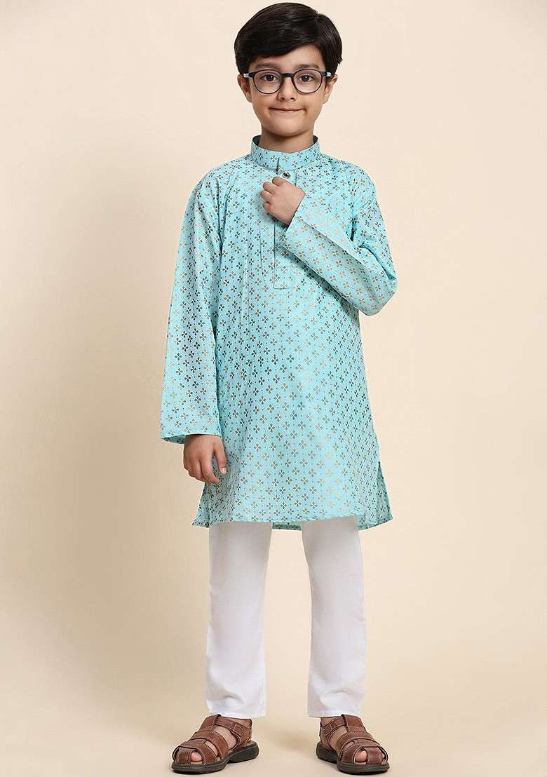 Turquoise Blue Woven Design Cotton Kurta Set For Boys - Indya