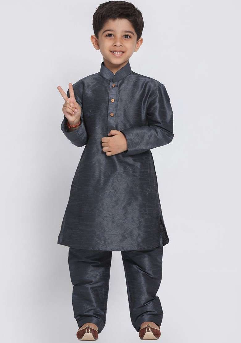 Grey Solid Blended Kurta Set For Boys - Indya