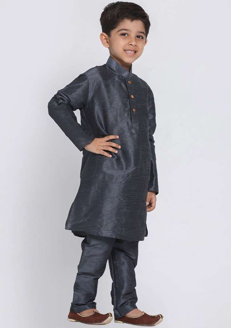 Grey Solid Blended Kurta Set For Boys - Indya