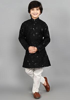 Black Embroidered Blended Kurta Set For Boys