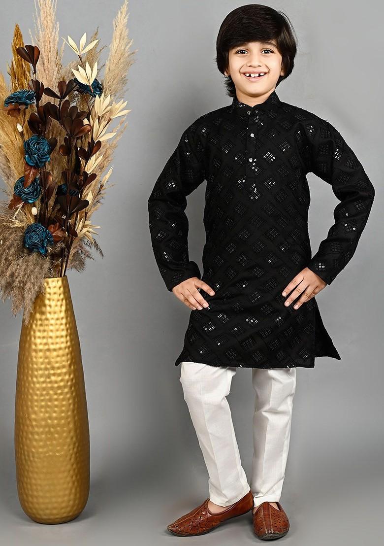 Black Embroidered Blended Kurta Set For Boys - Indya