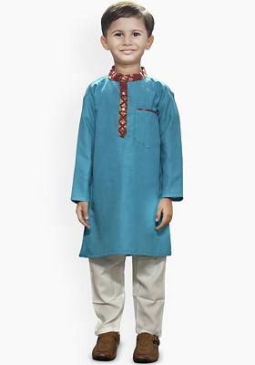 Blue Embroidered Cotton Kurta Set For Boys