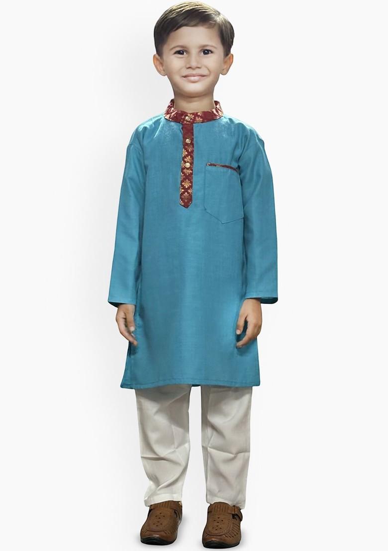 Blue Embroidered Cotton Kurta Set For Boys - Indya