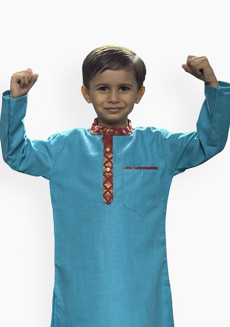 Blue Embroidered Cotton Kurta Set For Boys - Indya
