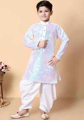 White Sequinned Silk Kurta Set For Boys