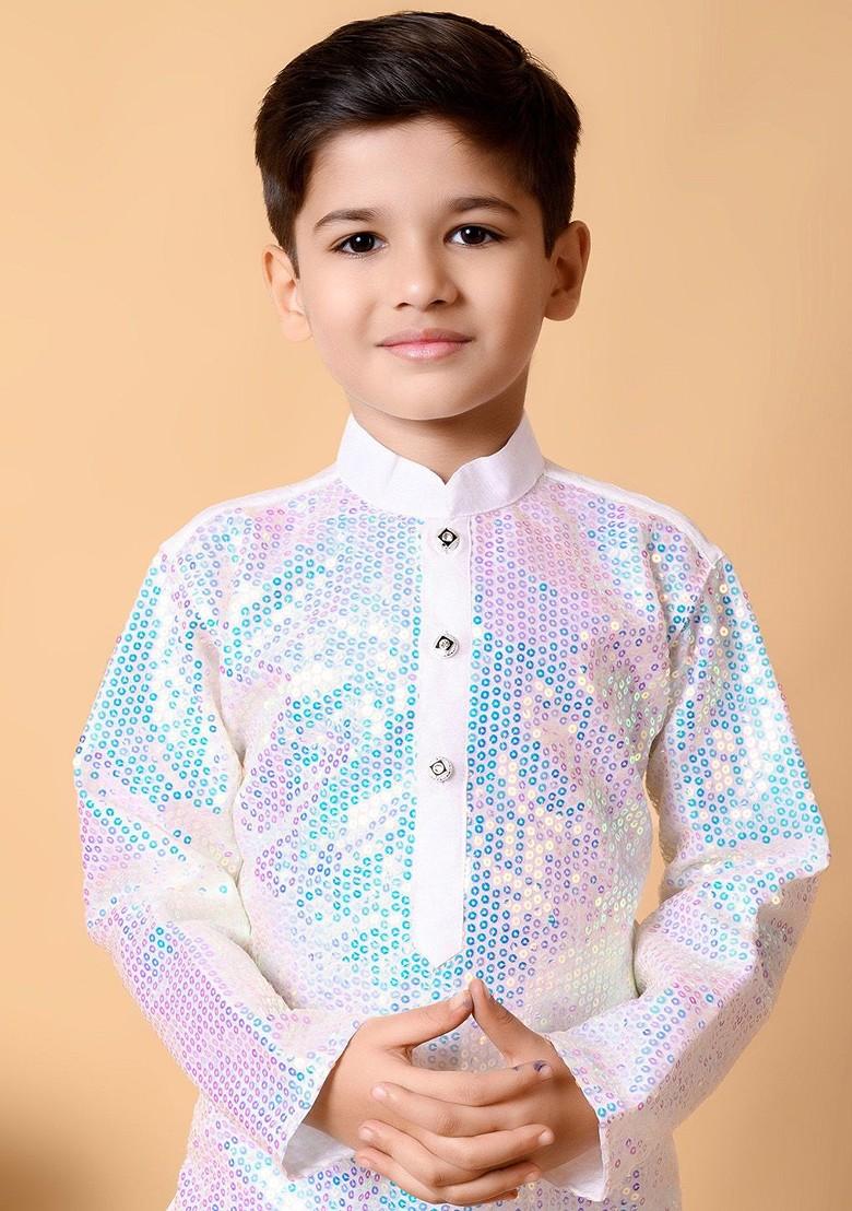 White Sequinned Silk Kurta Set For Boys - Indya