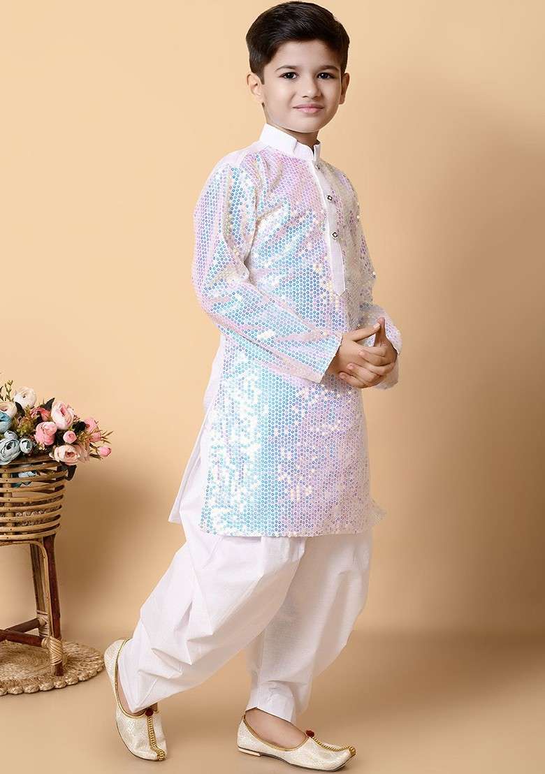 White Sequinned Silk Kurta Set For Boys - Indya