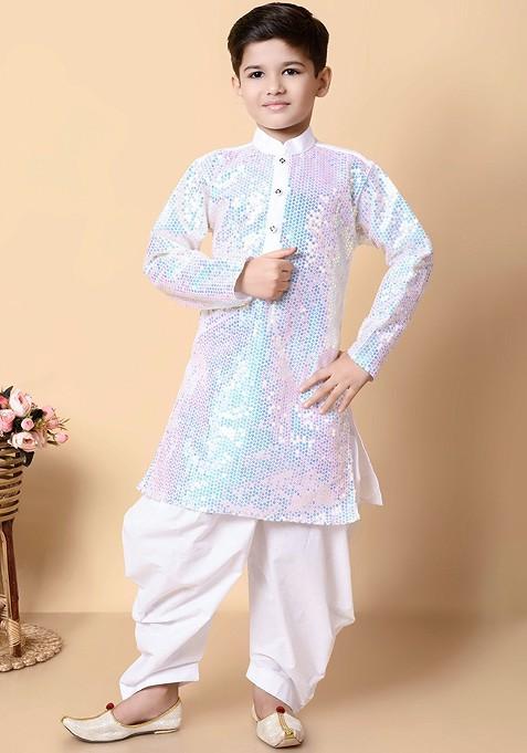 White Sequinned Silk Kurta Set For Boys — view on Indya