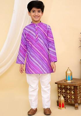 Purple Printed Cotton Kurta Set For Boys