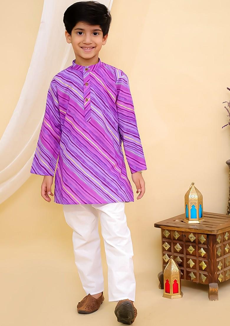 Purple Printed Cotton Kurta Set For Boys - Indya