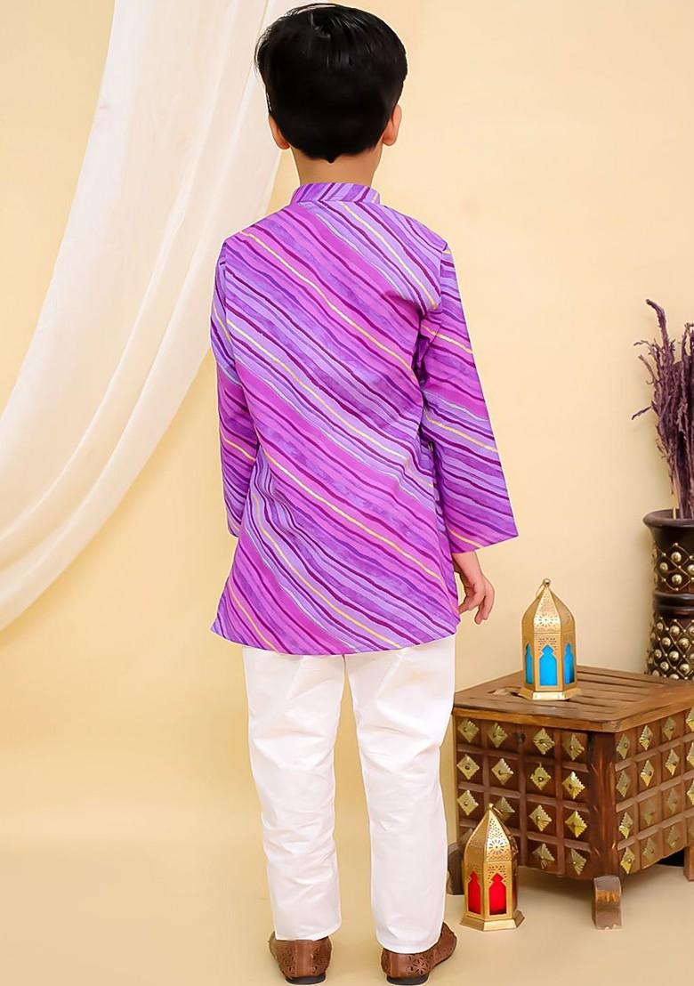 Purple Printed Cotton Kurta Set For Boys - Indya