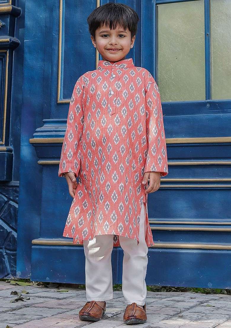 Pink Printed Blended Kurta Set For Boys - Indya