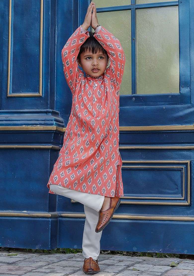 Pink Printed Blended Kurta Set For Boys - Indya