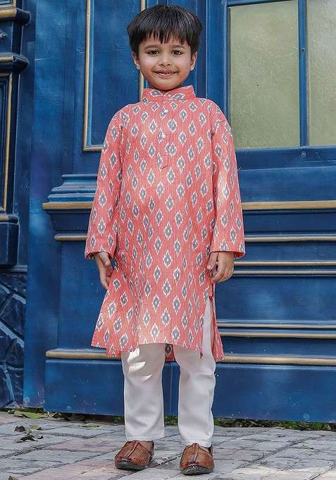 Pink Printed Blended Kurta Set For Boys