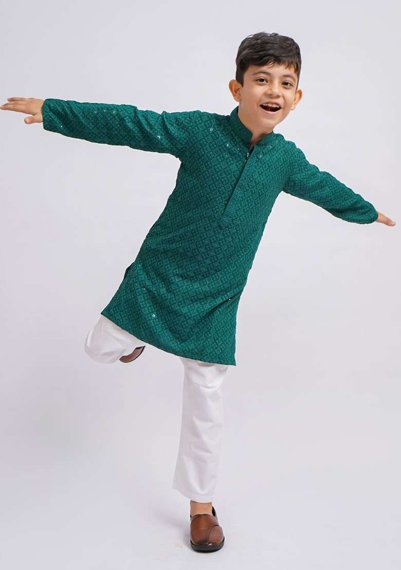 Green Embroidered Blended Kurta Set For Boys - Indya