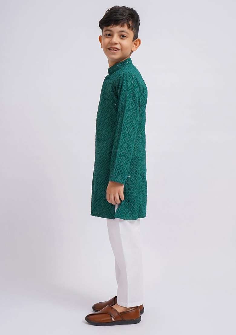 Green Embroidered Blended Kurta Set For Boys - Indya